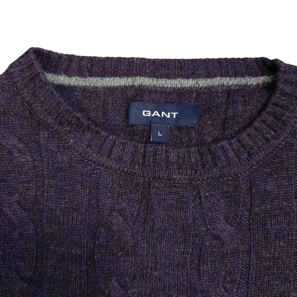 GANT Men's Crew Neck Cable Knit Jumper Sweater Size Large 100% Lambswool Purple - Picture 4 of 11